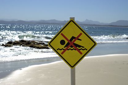 Beach with "No Swimming" sign in the foreground.