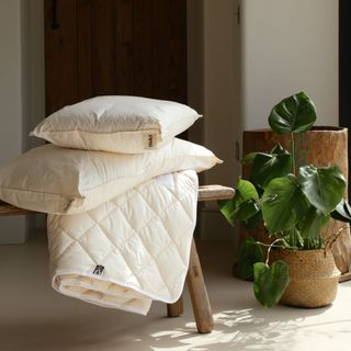 Duvet and pillows on stool next to plant