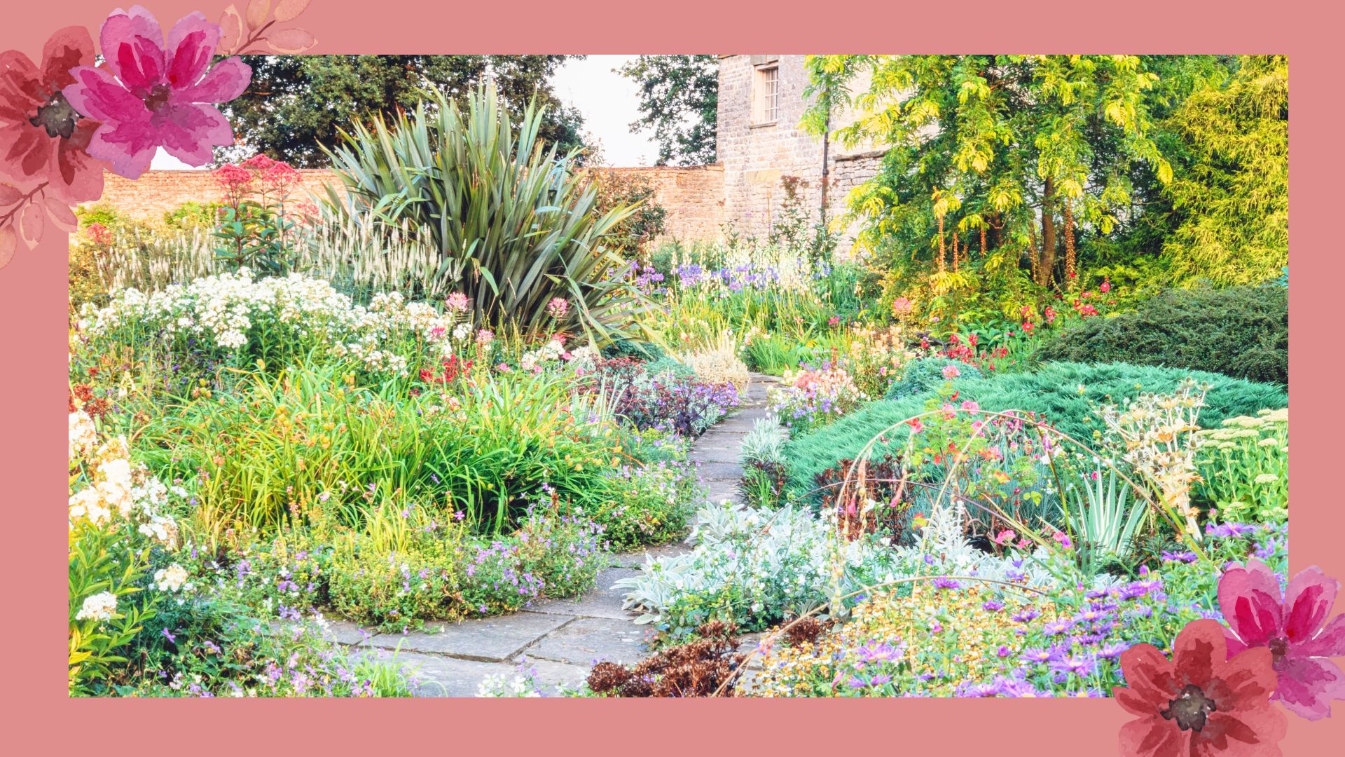A well established garden in summer with flowers plants and trees