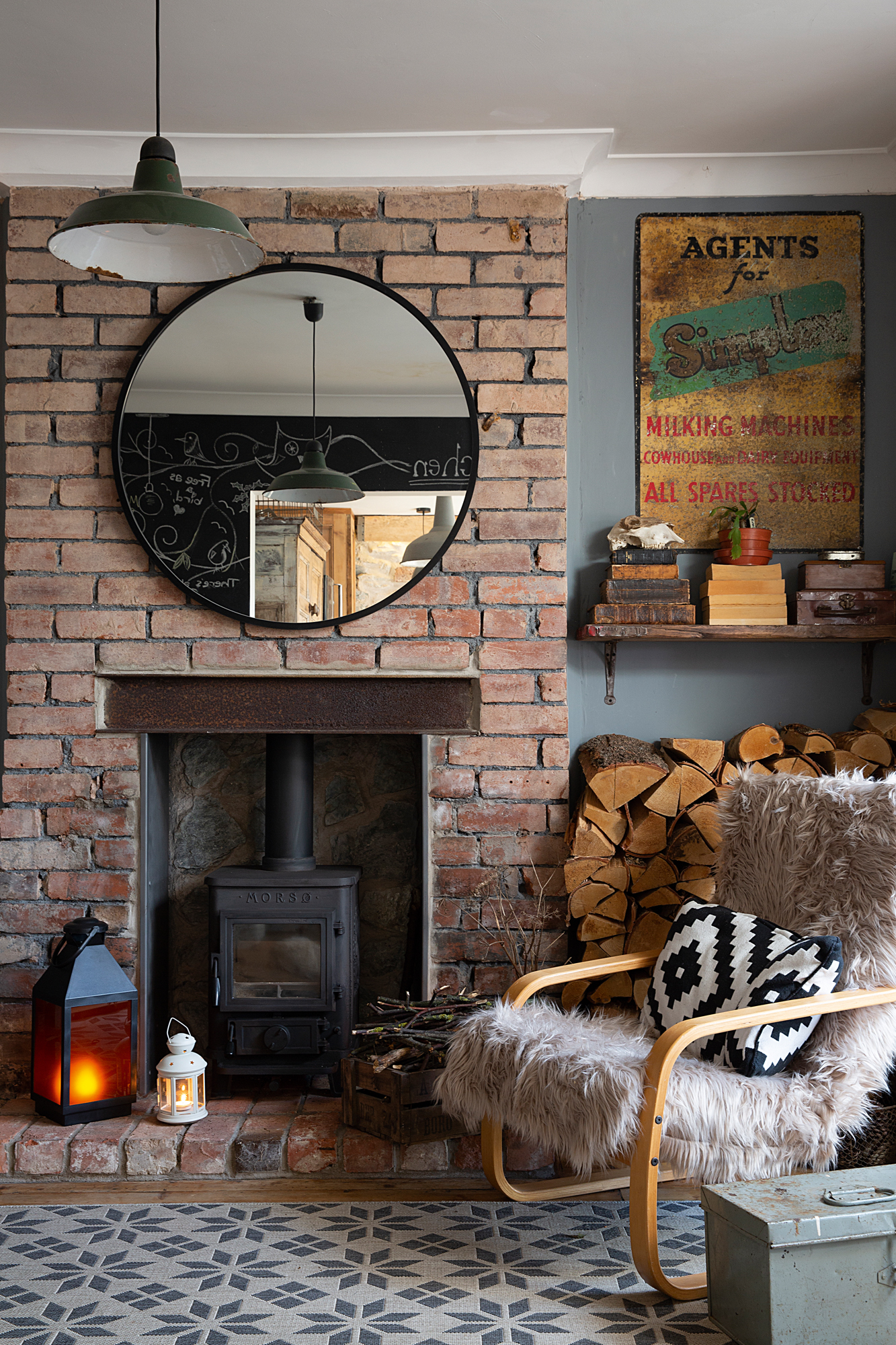 Exposed brick wall in a Scandi living room