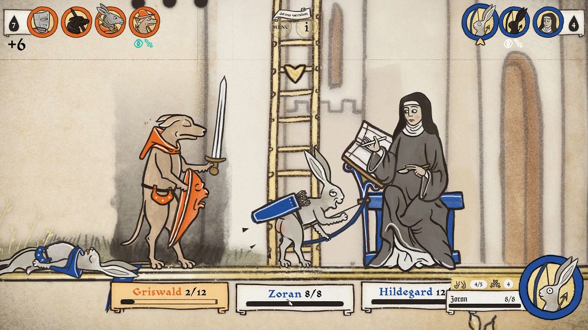 Image of medieval marginalia creatures battling in game Inkulinati. They are illustrated in a style like an illuminated manuscript.