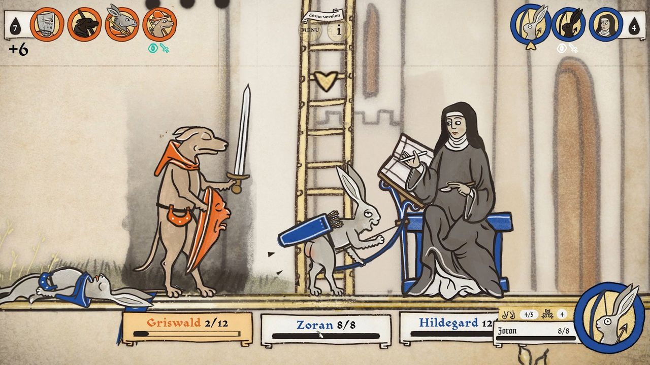 Image of medieval marginalia creatures battling in game Inkulinati. They are illustrated in a style like an illuminated manuscript.