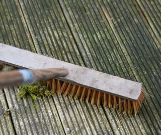 A stiff bristled brush being used on a mossy decking