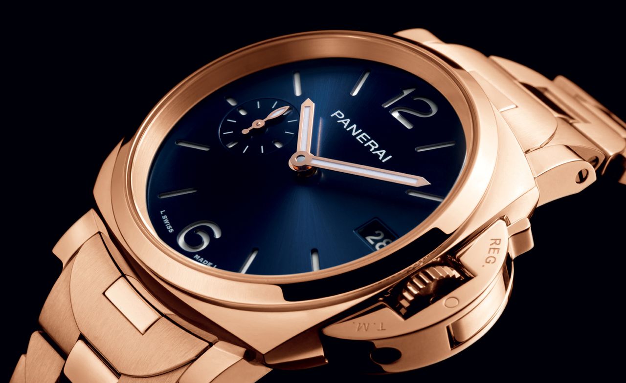 Panerai gold watch using goldtech, part of Panerai Luminor Due TuttoOro, with blue dial