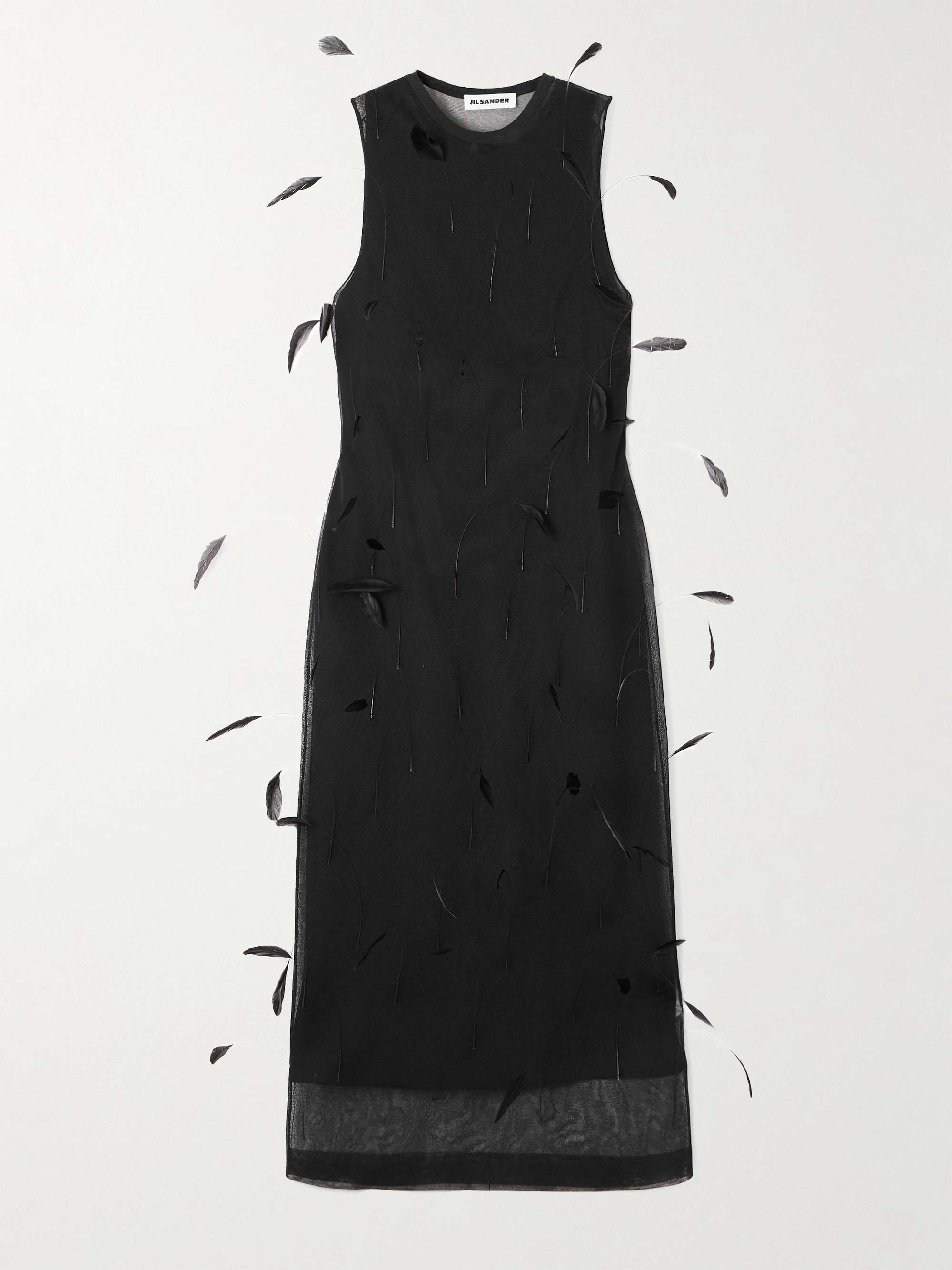 Feather-Embellished Layered Knitted-Silk Midi Dress