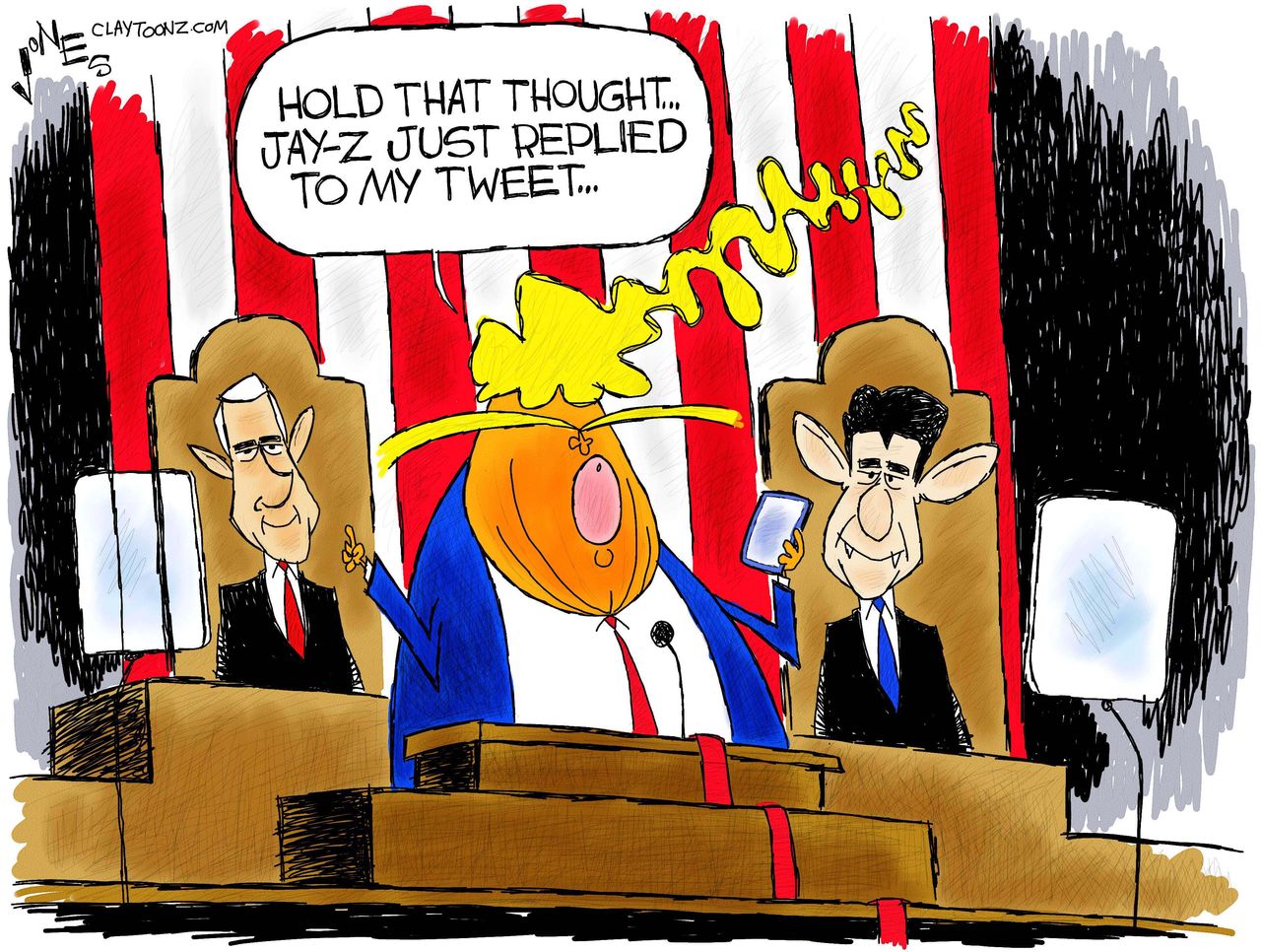 Political cartoon U.S. Trump tweets State of the Union