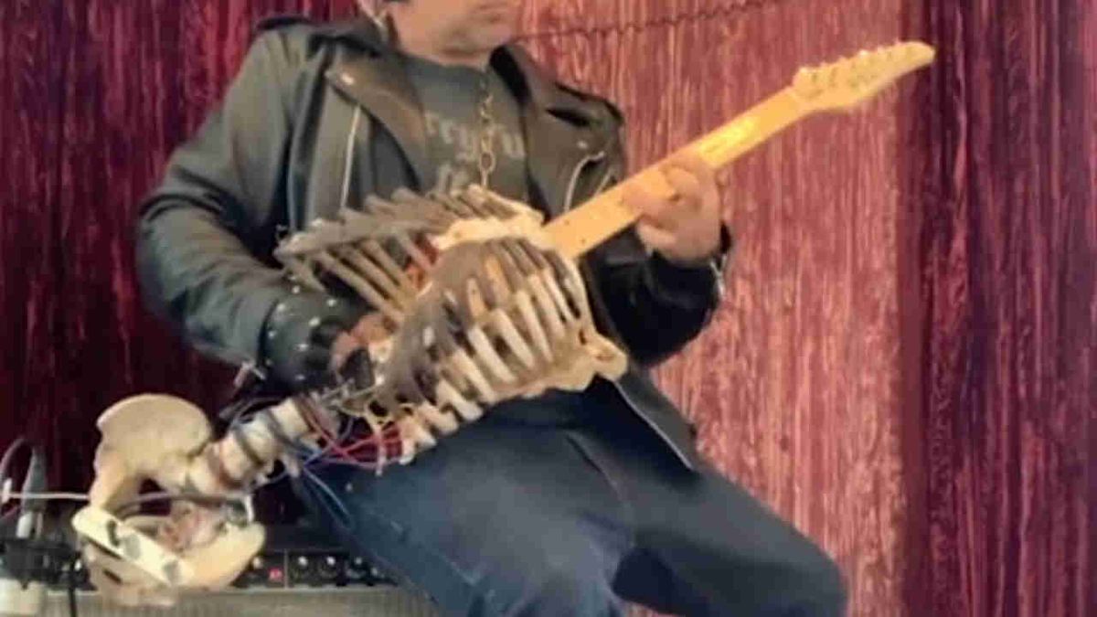 A metal fan has turned his dead uncle’s skeleton into a guitar, because why not?