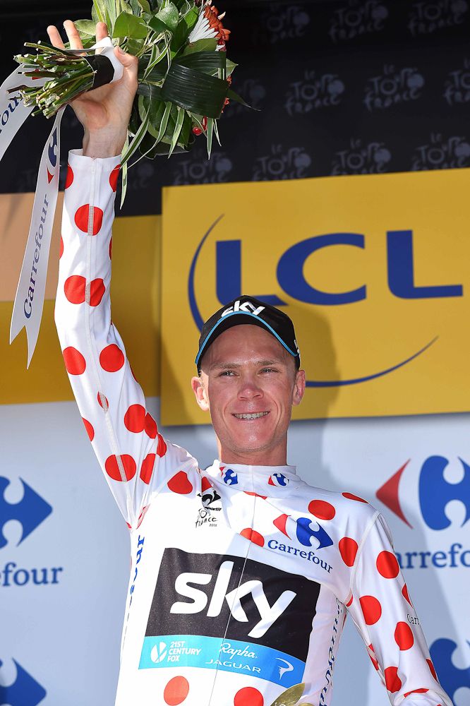 Chris Froome in polka dots following stage 14.