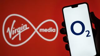 A Virgin Media logo next to a hand holding a phone with an O2 logo