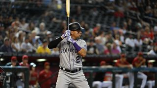 Yonathan Daza #2 of the Colorado Rockies gets ready in the batters box against the Arizona Diamondbacks at Chase Field on August 07, 2022 in Phoenix, Arizona.