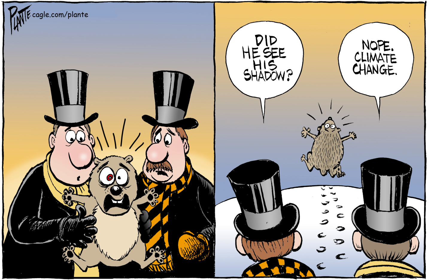 This is a two panel political cartoon with two men in old-timey tuxedos and the Punxsutawney Phil groundhog. The men hold the groundhog in the left panel and the groundhog looks really scared. In the right panel, the groundhog has run away through the snow. One man says, &amp;ldquo;Did he see his shadow?&amp;rdquo; The other responds, &amp;ldquo;Nope. Climate change.&amp;rdquo;