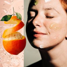 a pink texture of a serum next to an orange on a gray background next to a woman with bare skin with serums on her face