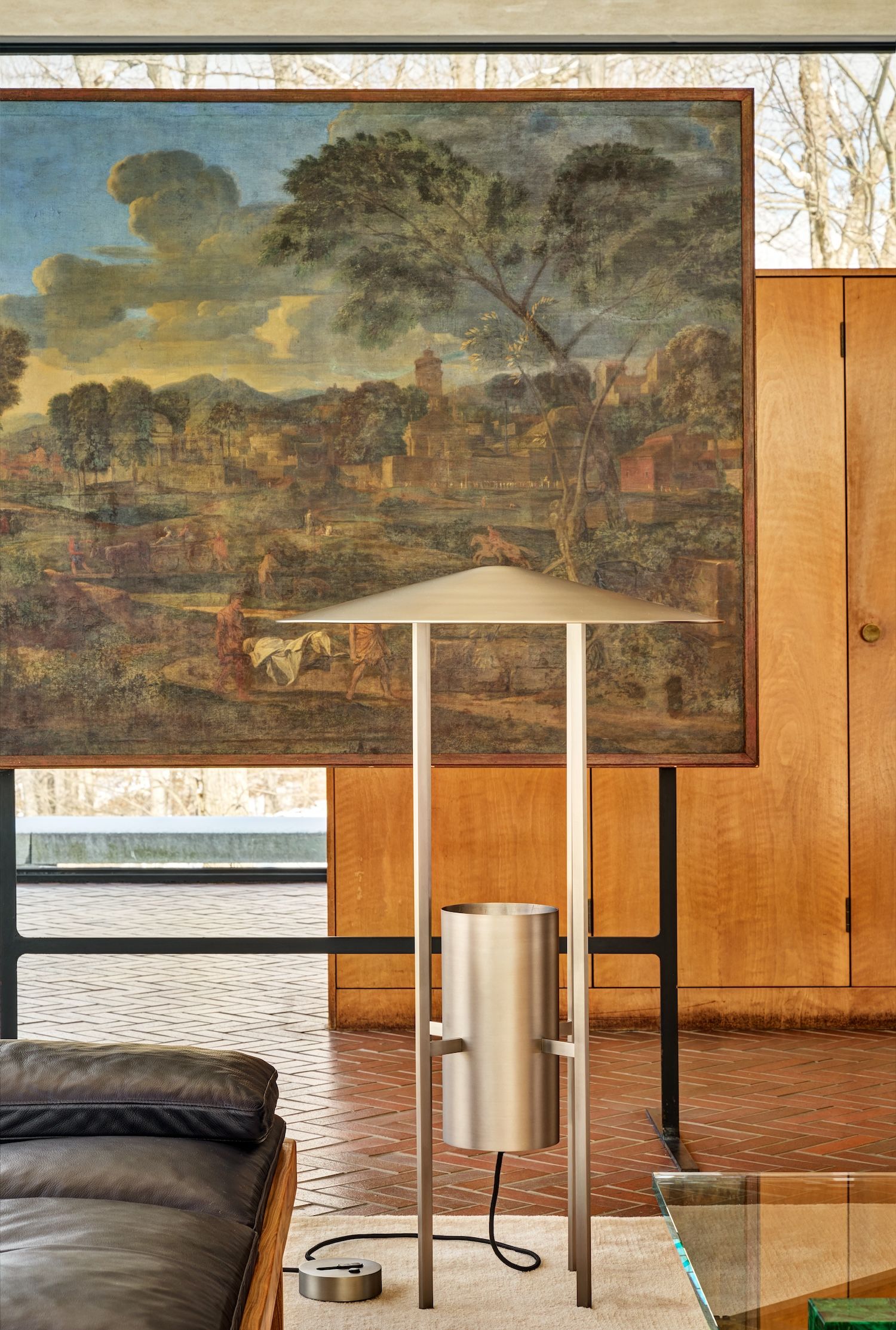 A steel lamp inside Philip Johnson&#039;s Glass House