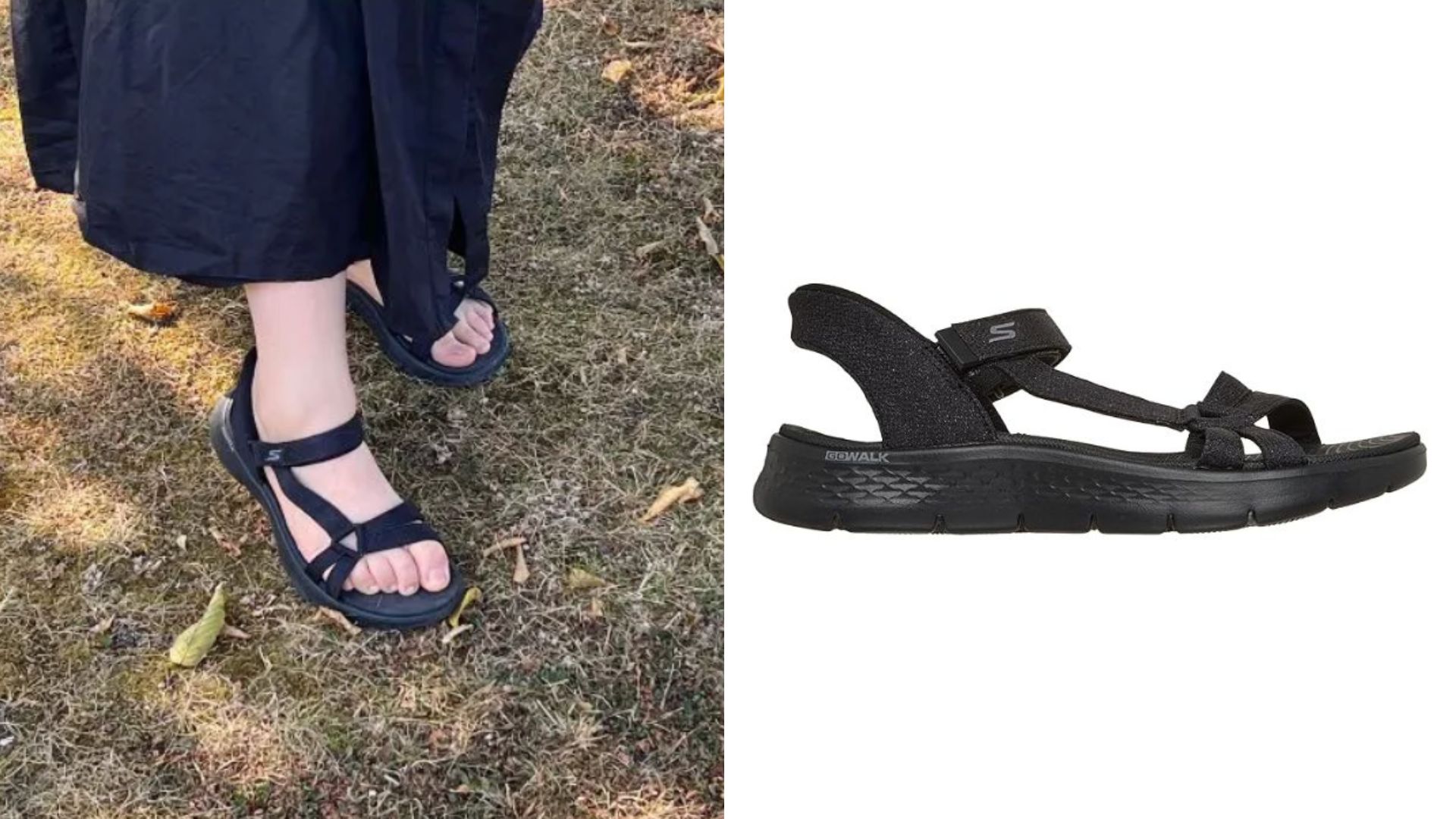 Two images of Skechers sandals - one on Rivkie Baum and the other a cut out
