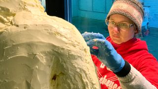 Tammy Buerk molds a sculpture of Neil Armstrong using large blocks of butter. The entire display, which is a tribute to the Apollo 11 moon landing, required more than 2,200 pounds of butter.