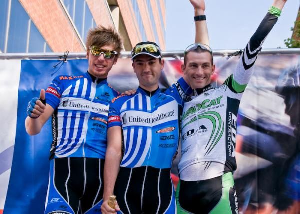 Men's podium (l-r) Boy Van Poppel (UnitedHealthcare), Jake Keough (UnitedHealthcare) and Andy Crater (Aerocat)