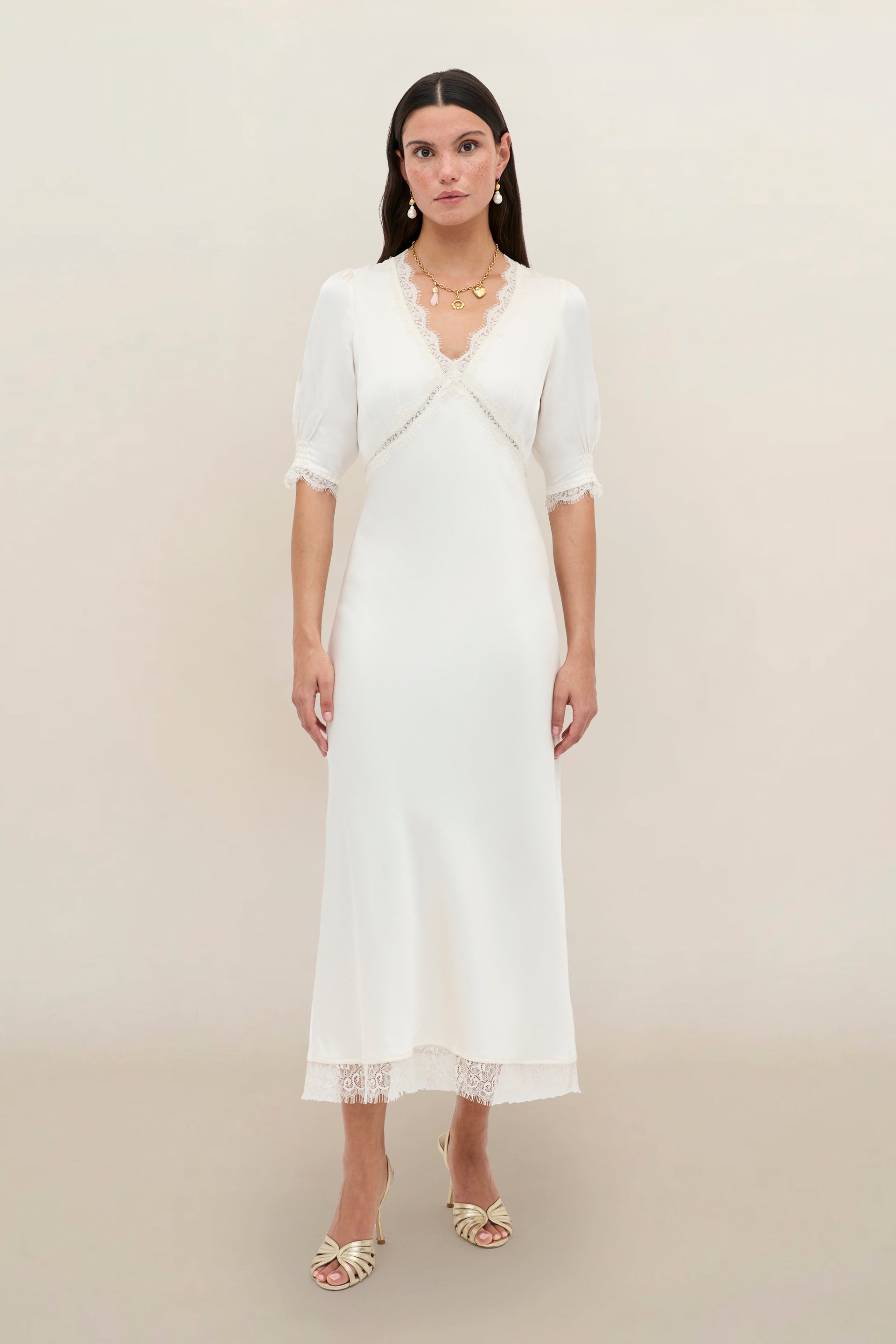 Annina Satin Midi Dress in Ivory Pearl