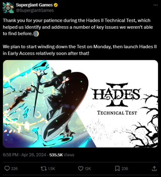 A post that reads: "Thank you for your patience during the Hades II Technical Test, which helped us identify and address a number of key issues we weren't able to find before.🌒 We plan to start winding down the Test on Monday, then launch Hades II in Early Access relatively soon after that!"