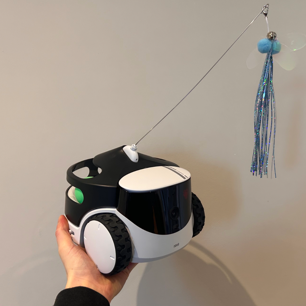 Megan's hand holding the Enabot Rola PetPal, one of the best pet cameras