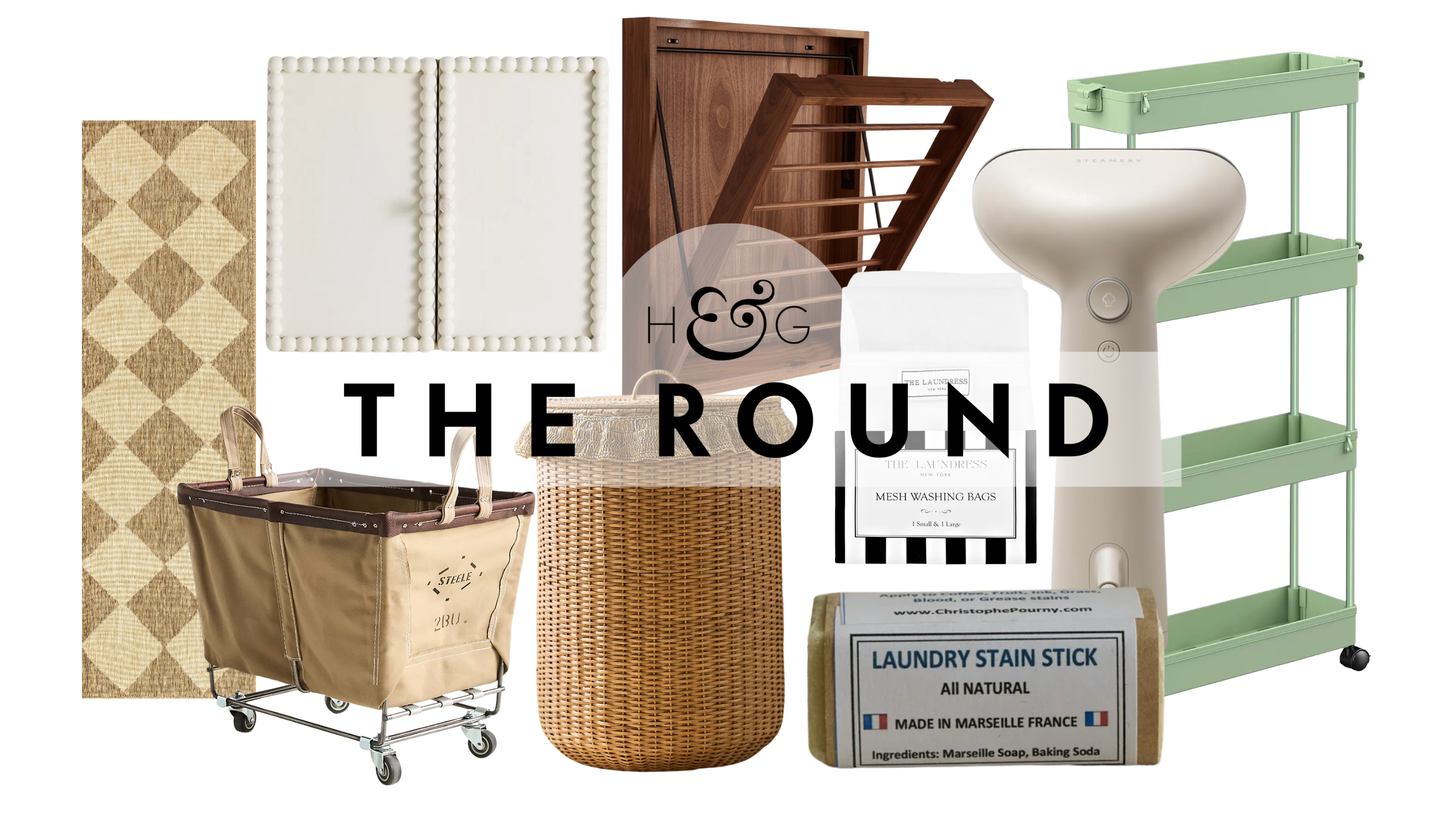 Stylish laundry room essentials, including a washable rug, rolling carts, mounted shelf, woven rattan hamper, walnut wood clothes rack, French stain stick, and a chic clothing steamer.