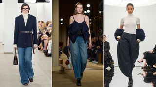 Split image of models at the Michael Kors, Coach, Alaia fall/winter 2024 runway shows wearing baggy jeans