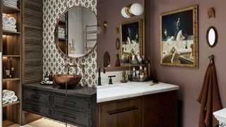 Decorative bathroom areas with wallpaper and pictures