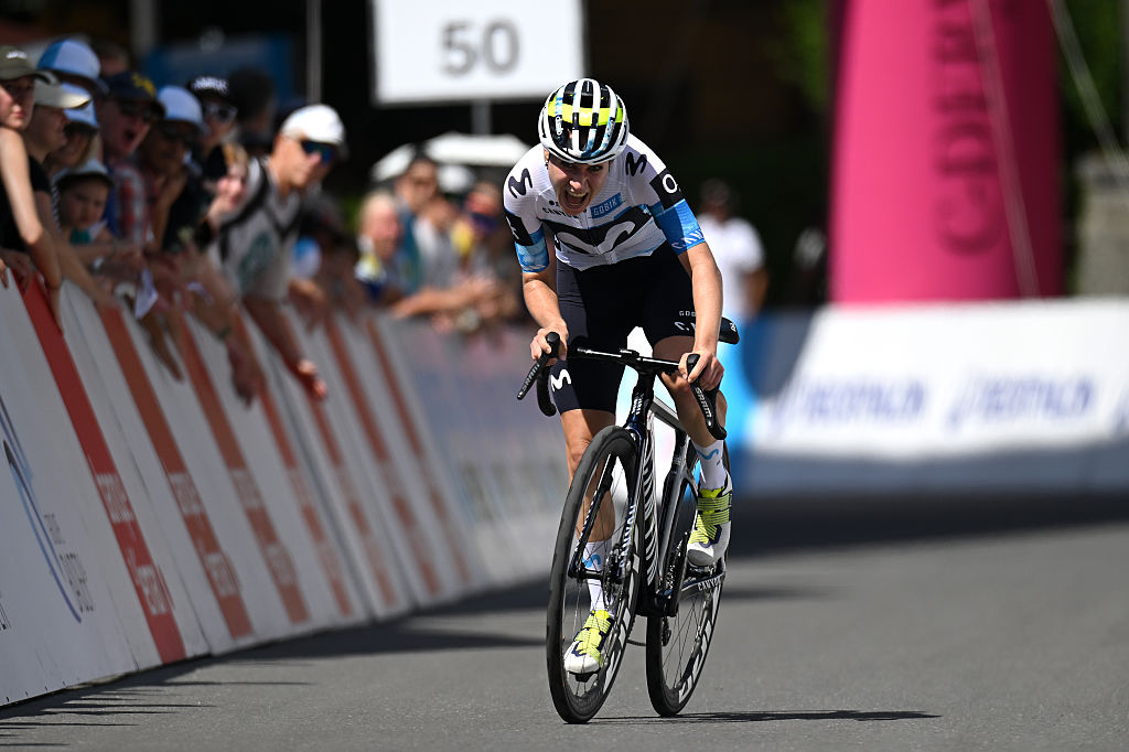VILLARS-SUR-OLLON, SWITZERLAND - AUGUST 15: Mareille Meijering of Netherlands and Team Movistar crosses the finish line during the 4th Tour de Romandie Feminin 2025, Stage 1 a 4.4km individual time trial stage from Huemoz to Villars-sur-Ollon / #UCIWWT / on August 15, 2025 in Villars-sur-Ollon, Switzerland. (Photo by Dario Belingheri/Getty Images)