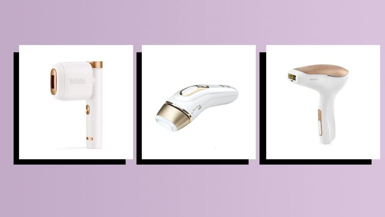 three of the best IPL hair removal devices by braun, Sensica Sensilight and Bodisin on a lilac backdrop
