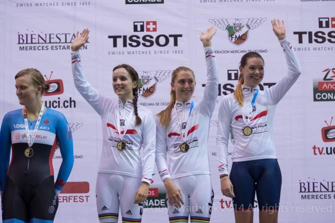 Great Britain's gold medal winning team pursuit riders on the podium