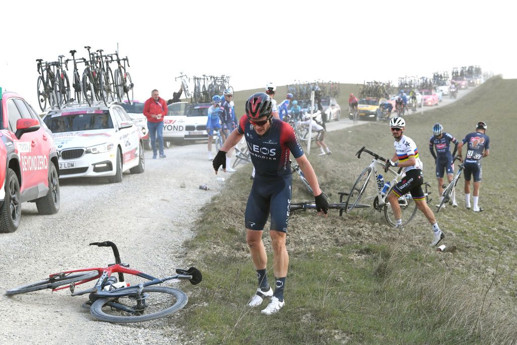 SIENA ITALY MARCH 05 Salvatore Puccio of Italy and Team INEOS Grenadiers injured after being involved in a crash during the Eroica 16th Strade Bianche 2022 Mens Elite a 184km one day race from Siena to Siena Piazza del Campo 321m StradeBianche WorldTour on March 05 2022 in Siena Italy Photo by Tim de WaeleGetty Images