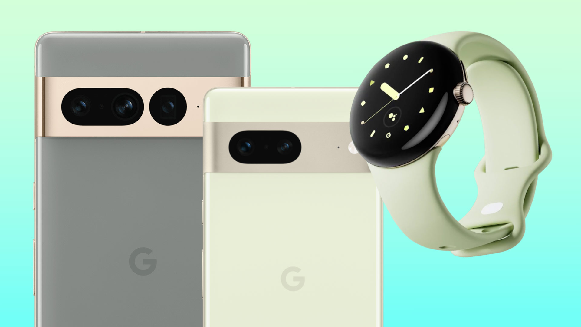 The Google Pixel 7 and Pixel 7 Pro phones and the Google Pixel Watch on a green-blue background