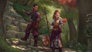Two Kender adventurers stand on stairs in a forest from Dragonlance: Shadow of the Dragon Queen