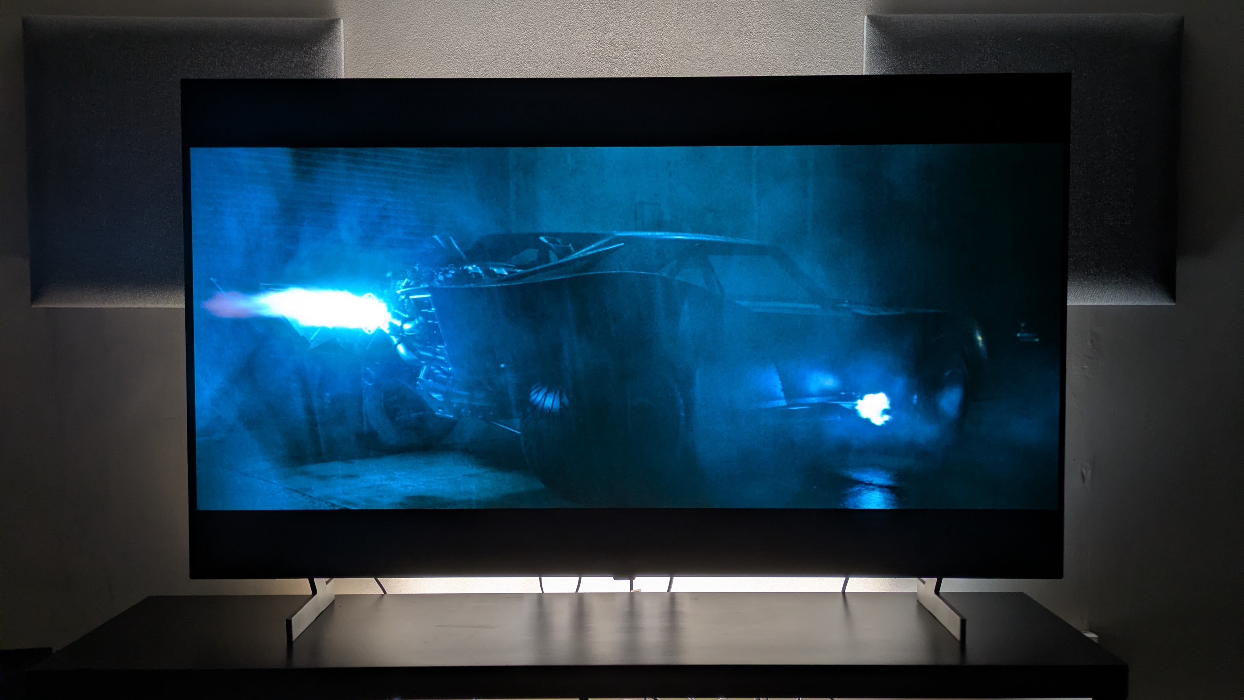 LG B6 OLED TV with a shot of the Batmobile igniting its engine on screen, from The Batman.