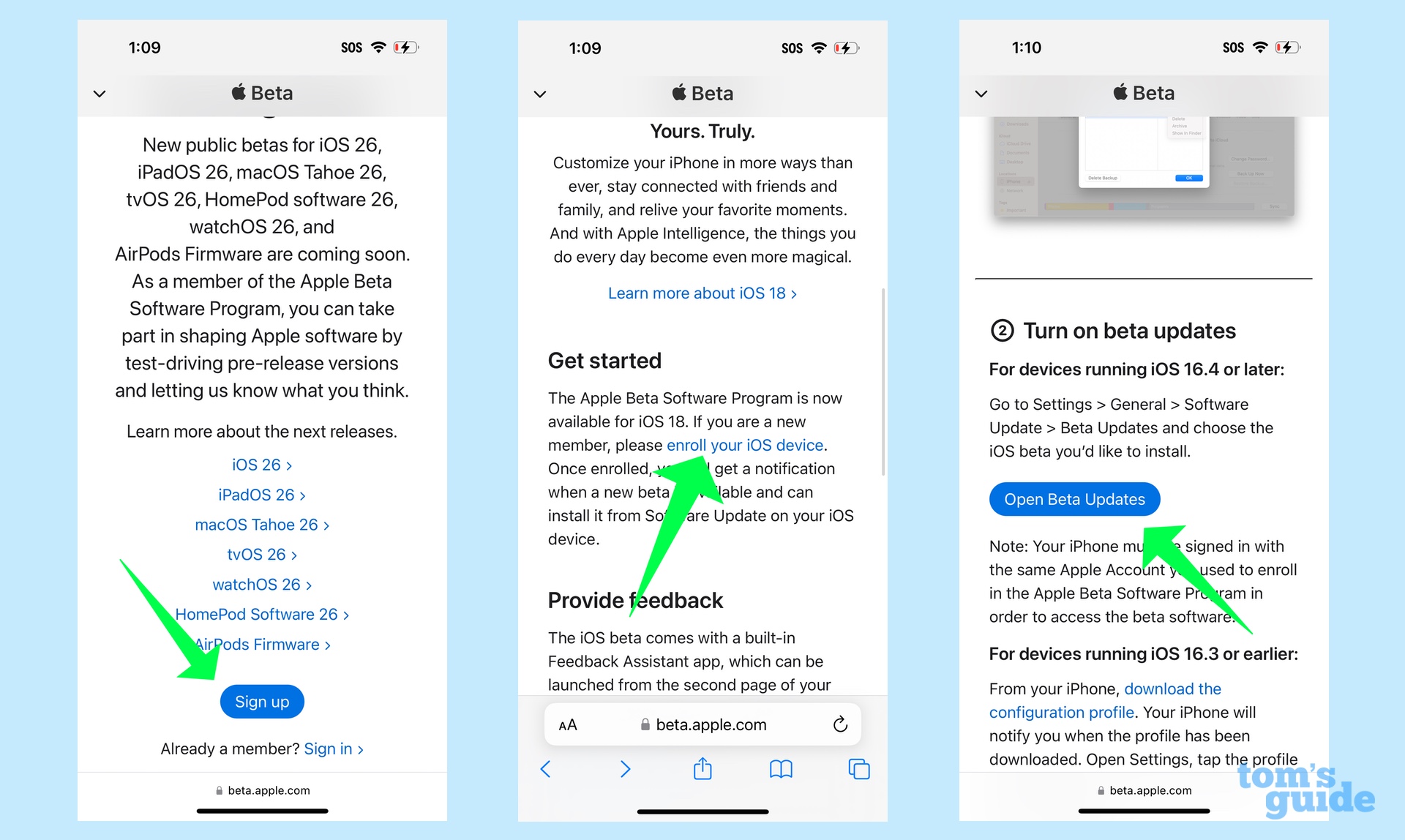 Apple beta program enrollment screens
