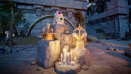 Avowed Totem of Revelations locations - Three totems, including Wael's Eyes of the Obscured, on a stone pedestal at camp with candles at the base.