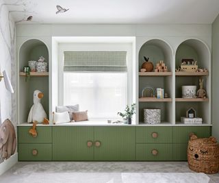 Green cabinets, arches and shelves