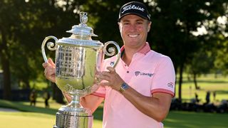 Justin Thomas with the trophy after winning the 2022 PGA Championship at Southern Hills