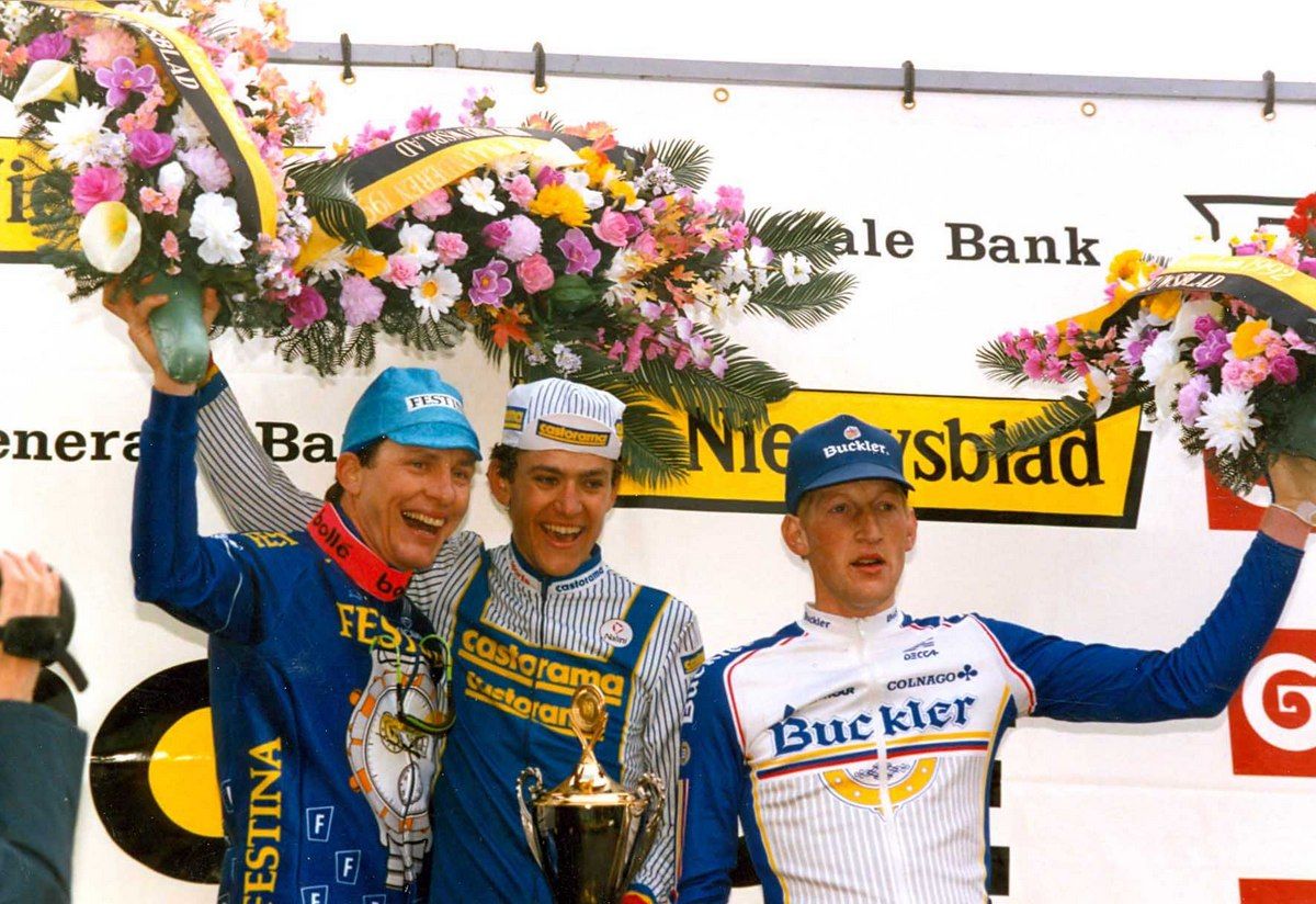 The podium of Thomas Wegm&uuml;ller, Jacky Durand and Edwig Van Hooydonck