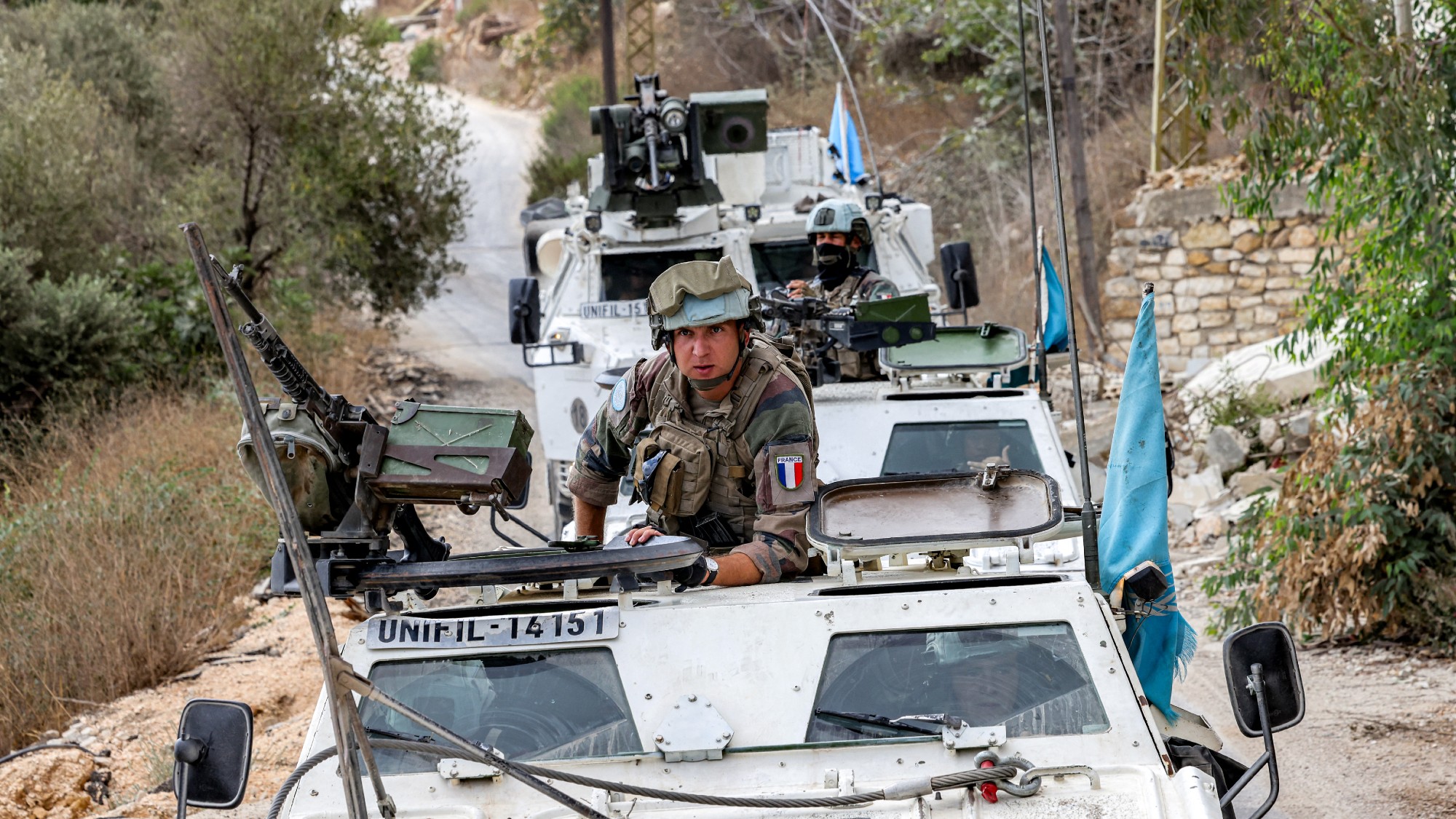 Armoured vehicles of the United Nations Interim Force in Lebanon at a position formerly held by Hezbollah in the Khraibeh Valley in south Lebanon