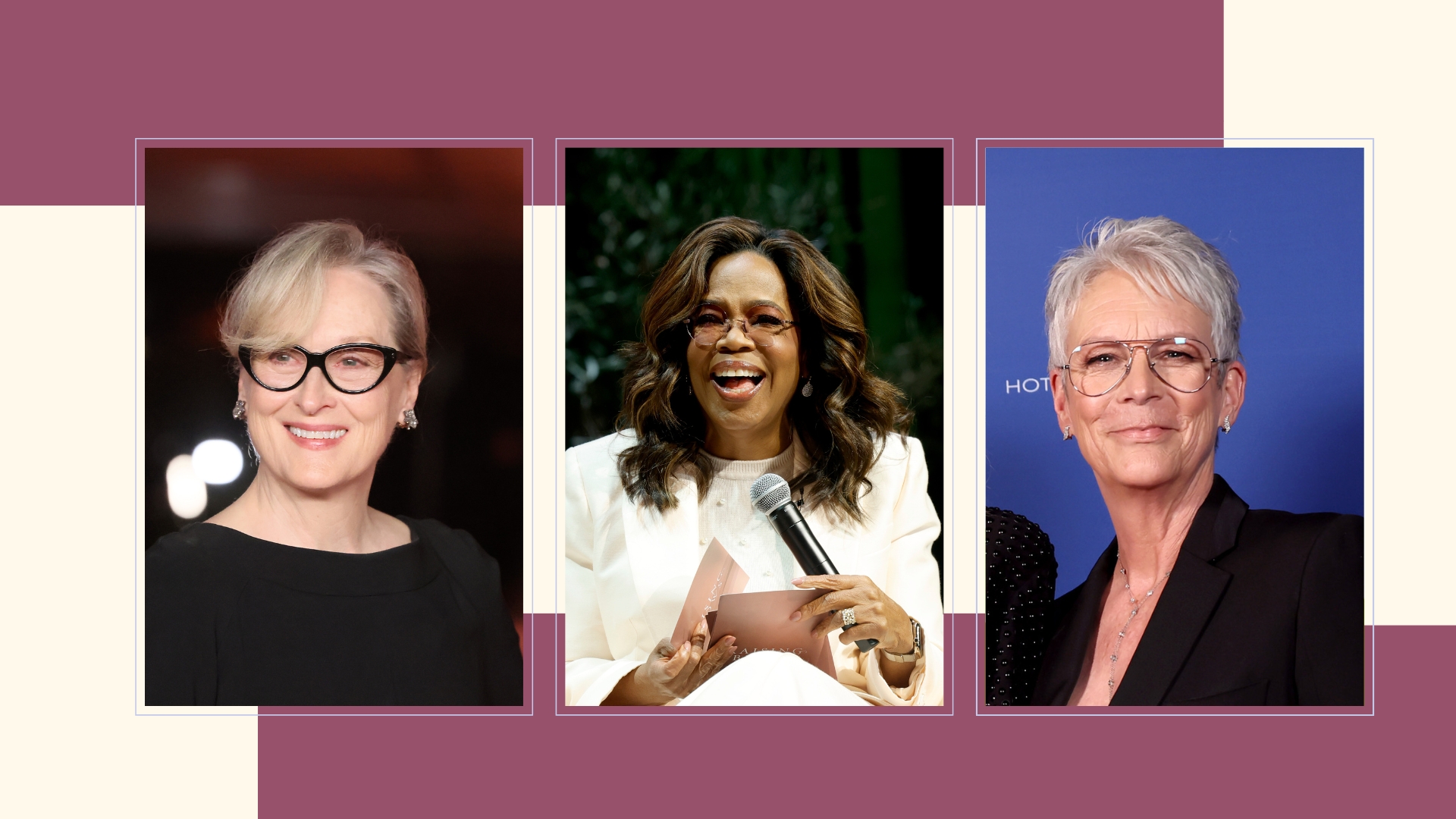 Meryl Streep, Oprah Winfrey and Jamie Lee Curtis wearing eyeglasses