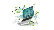 Acer Aspire Vero 16 promotional image showing laptop with green leaves and splashing water pictured against a white background.