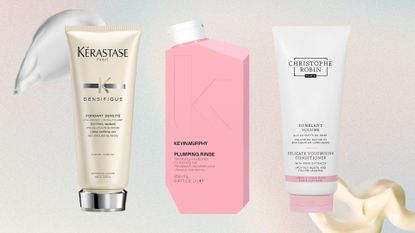 Lineup of three of the best conditioners for fine hair (L-R) from Kerastase, Kevin Murphy and Christophe Robin, on a pastel watercolour background with cream swatches