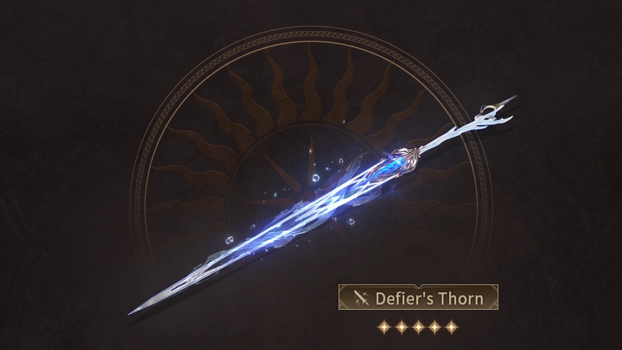 The Defier's Thorn sword from the next Wuthering Waves weapon banner. It's long, almost rapier-like, with blue and silver details. It also has a watery, bubble effect emanating from it.