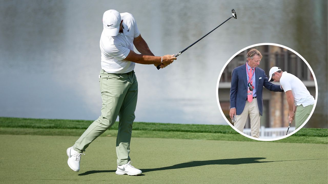 Rory McIlroy shows his frustration at poor putting during round one of the 2024 Arnold Palmer Invitational - inset, coach Brad Faxon works with the Northern Irishman post-round