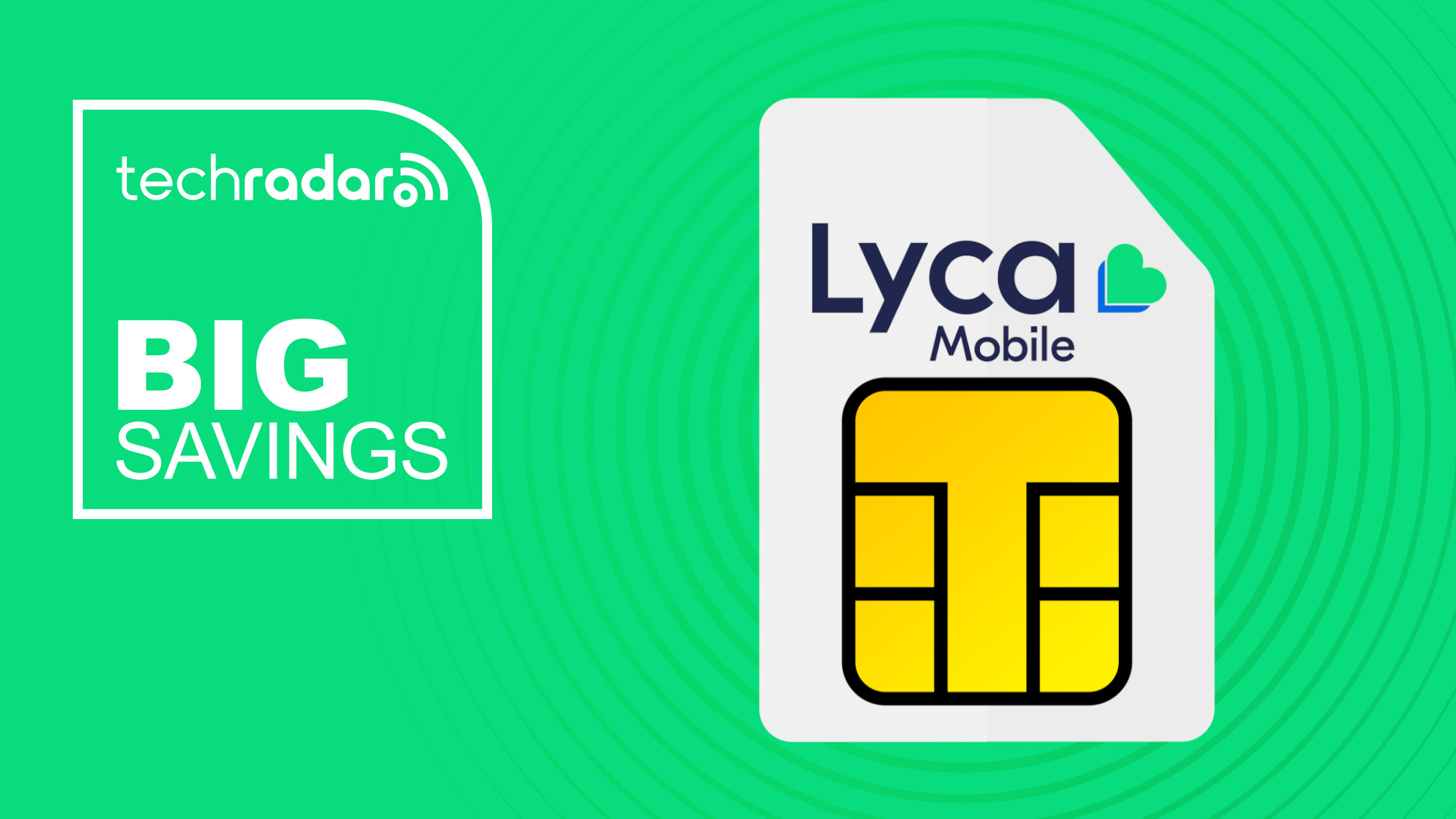 Lyca Mobile branded sim card on green background with big savings text overlay