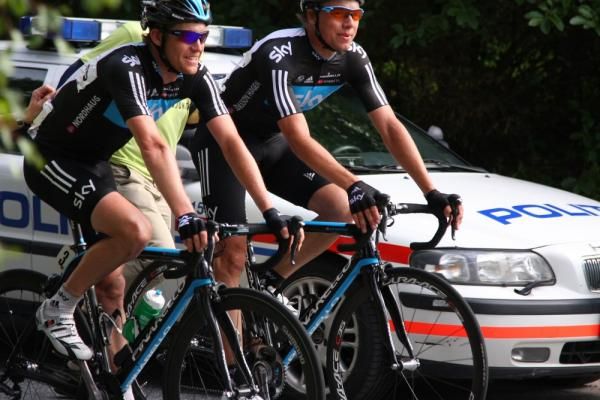 Sky teammates Lars Petter Nordhaug and Edvald Boasson Hagen after their 1-2 finish in the road race.