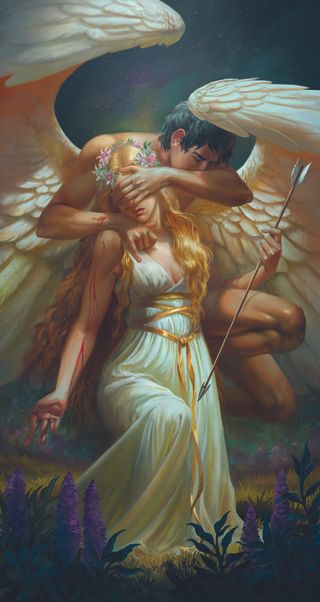 Artists new year resolutions 2024; an angel hugs a man