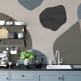 Abstract large scale wallpaper backsplash idea in modern kitchen