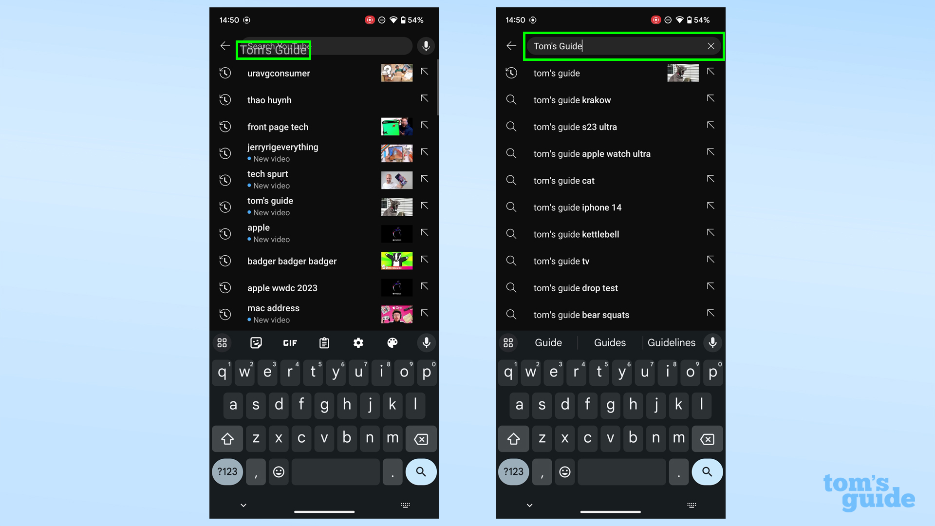 Скриншоты, показывающие поиск на YouTube с текстом, скопированным и вставленным с помощью перетаскивания в бета-версии Android 14