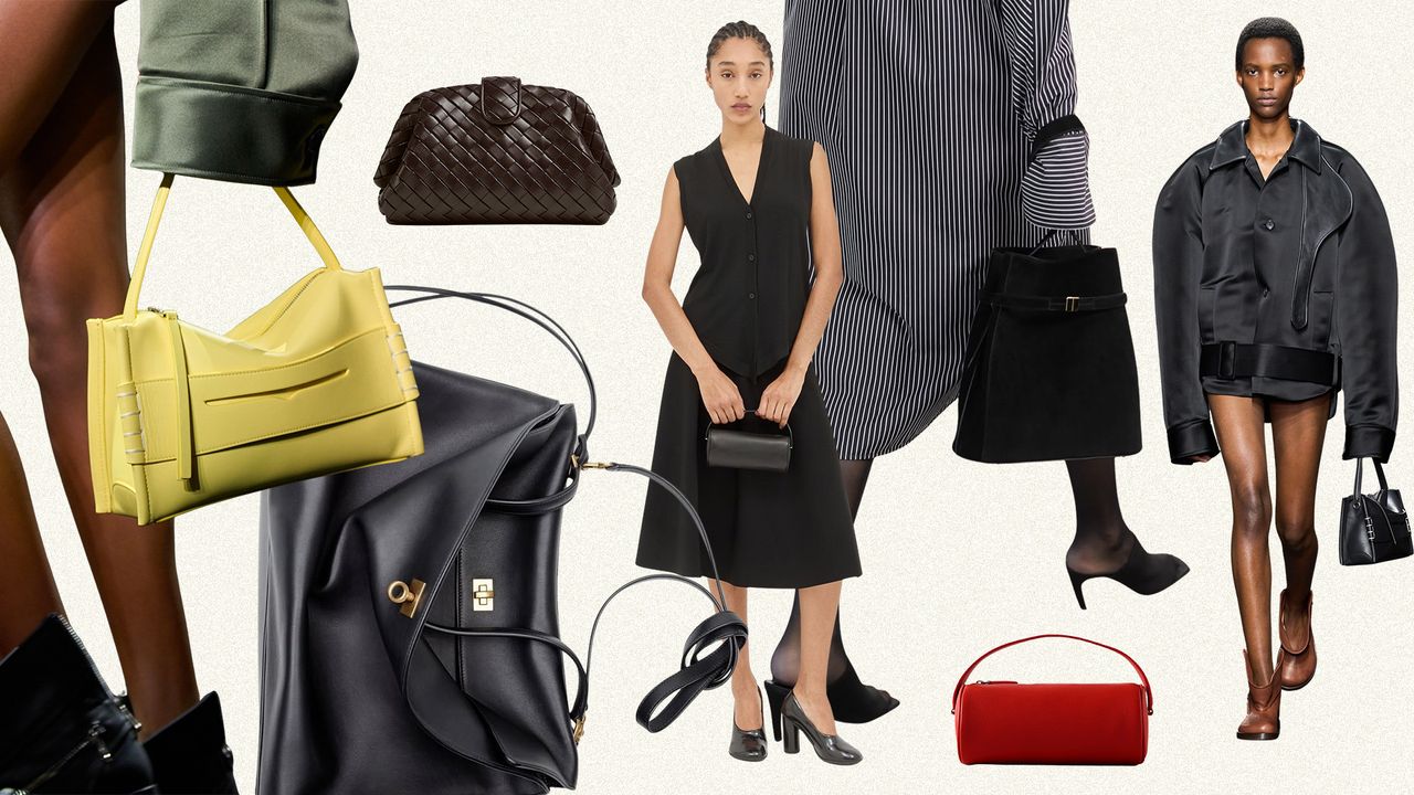 A collage of runway, model, and product images featuring the best designer handbags of 2025.